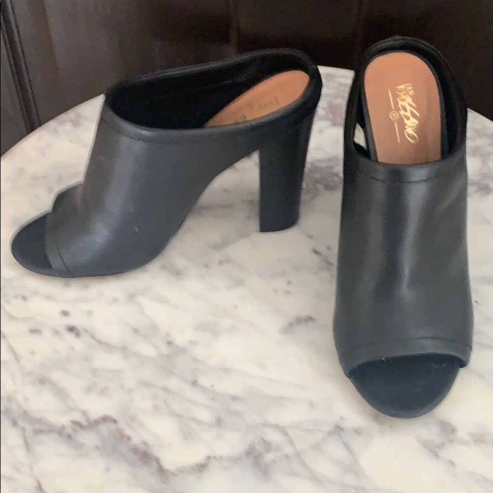 Black faux leather mules